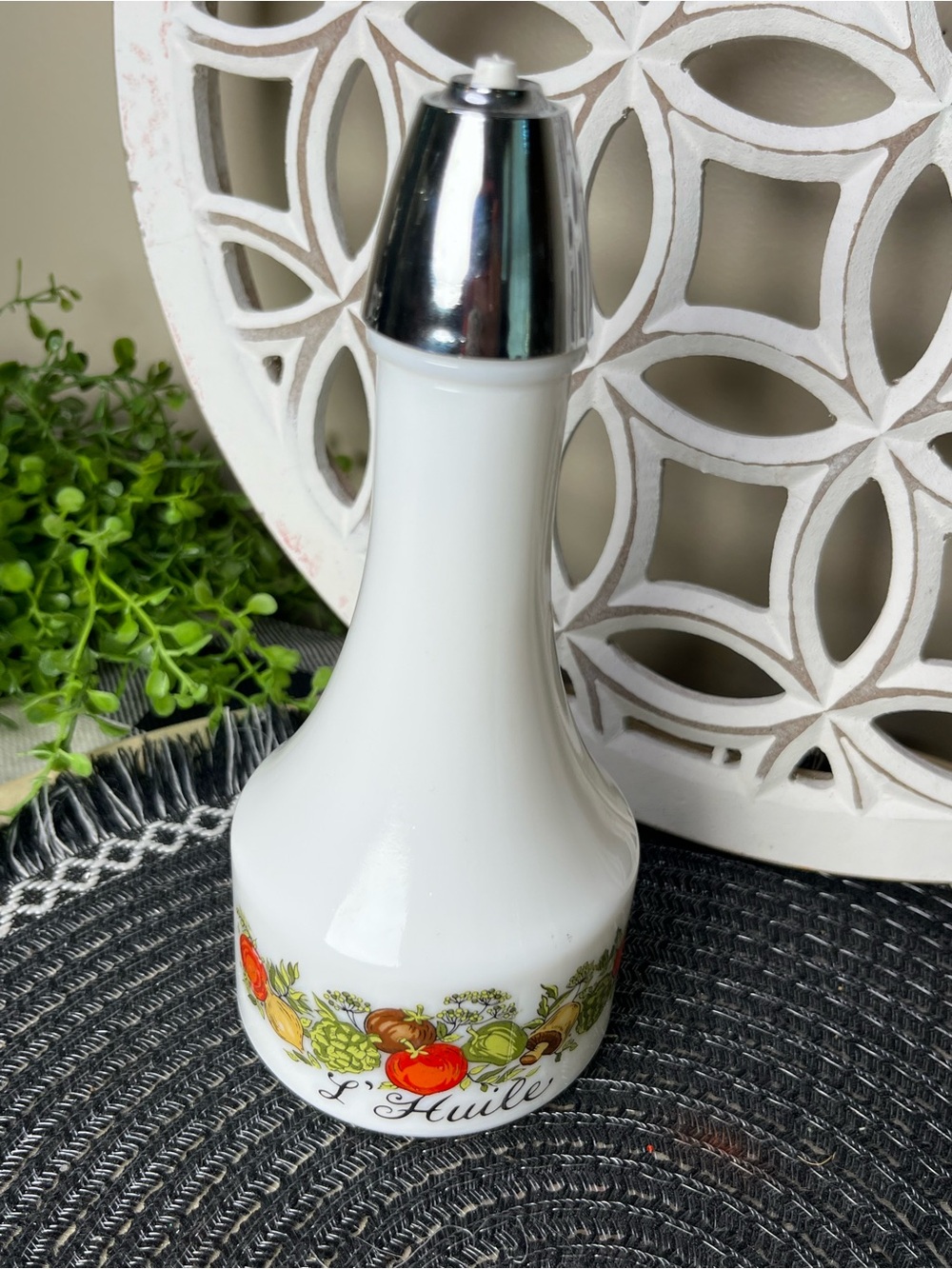 Gemco “Spice of Life" (La Marjolaine) milk glass oil cruet